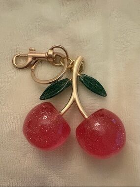 Gold-Tone Cherry Keychain with Glitter Red Charms